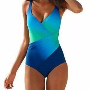 Color Block Tummy Control V-Neck 1 Piece Swimsuit